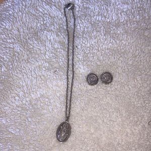 Silver tone necklace and 6 pairs of earrings